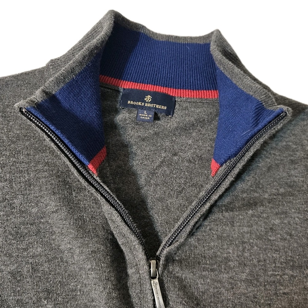 Brooks Brothers Men's Merino Wool 1/4 Zip Pullover Sweater Large Blue Red Gray - Picture 2 of 7